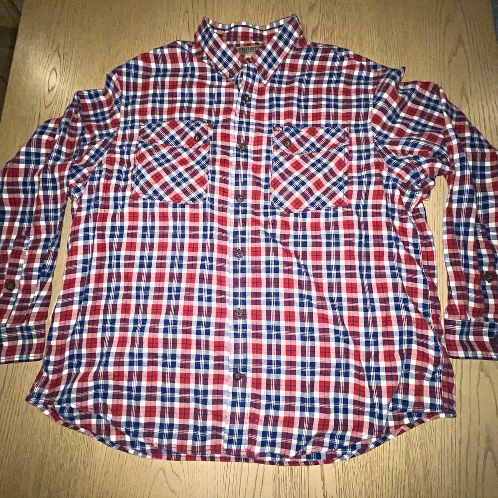 Duluth Trading Co Plaid Button Up Shirt Mens 2XL Red Blue White Pockets A868